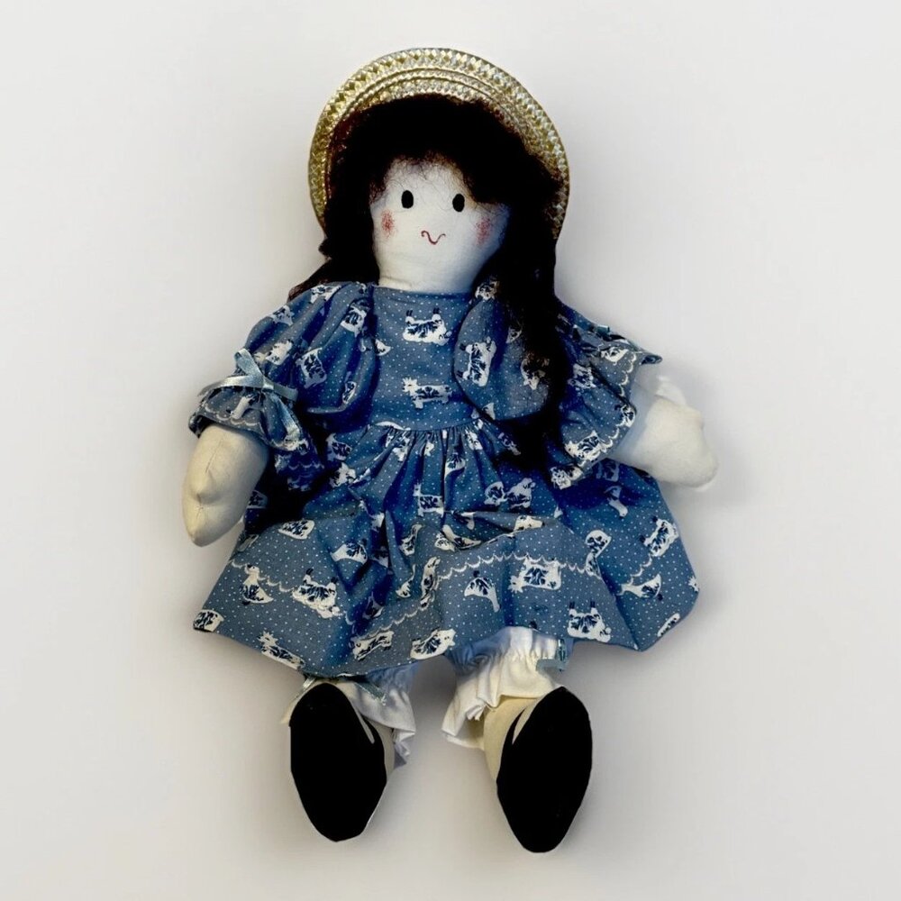 Handmade Rag Doll 16" Signed Char Blue Farm Animal Calico Dress Straw Hat Bloome